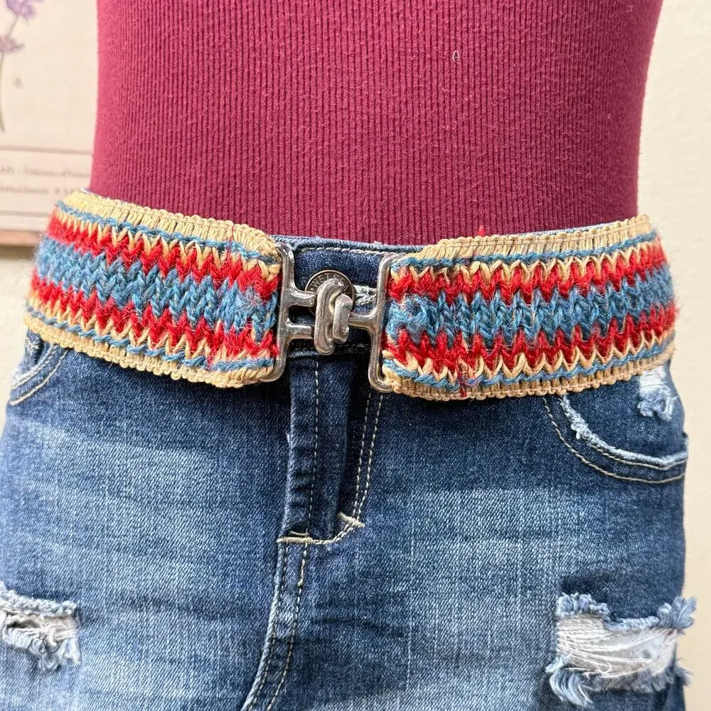 Vintage 70s Woven Chevron Stretch Belt Hippie Boho Coastal Cowgirl Retro XS S M